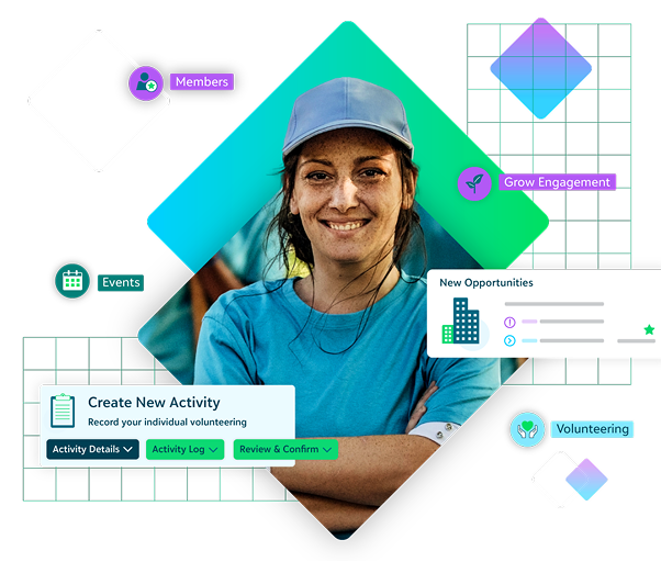 a woman smiling surrounded by members, events, grow engagement, volunteering, create new activity example and new opportunity example