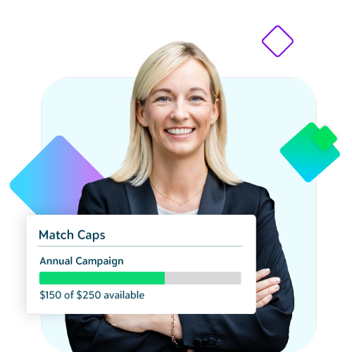 a woman smiling with her arms crossed with match caps example stats below her